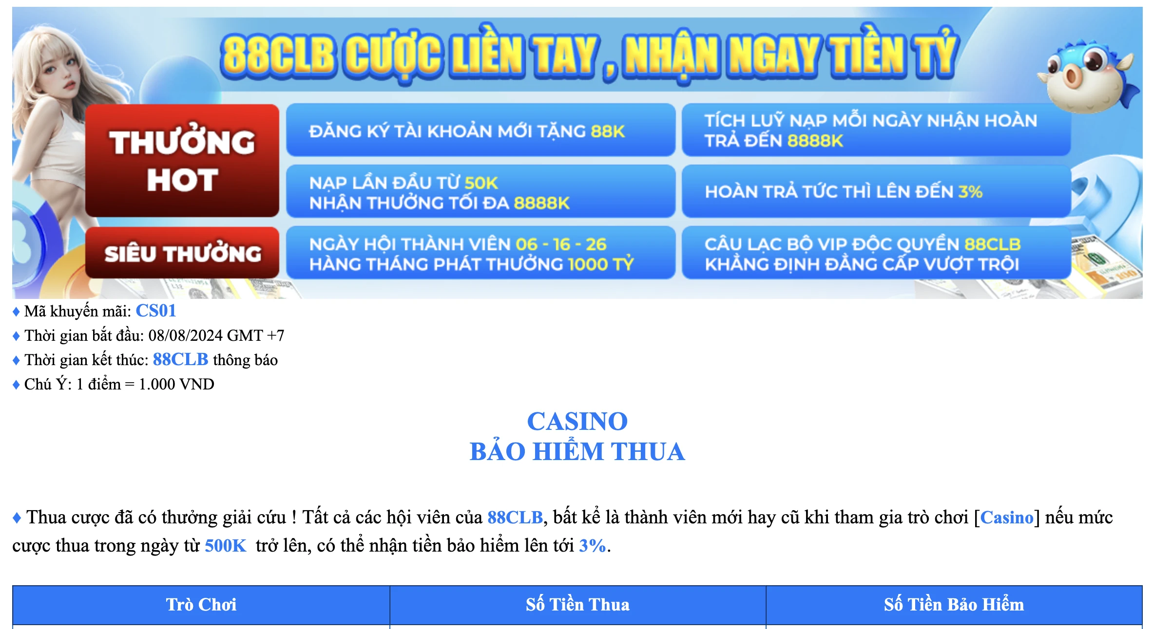 Chương trình "Bảo Hiểm Dự Đoán Thua" tại Casino 88CLB