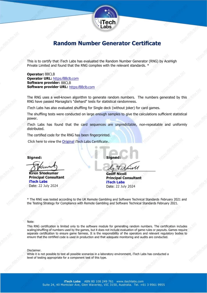 giấy chứng nhận Random Number Generator Certificate của ItechLabs